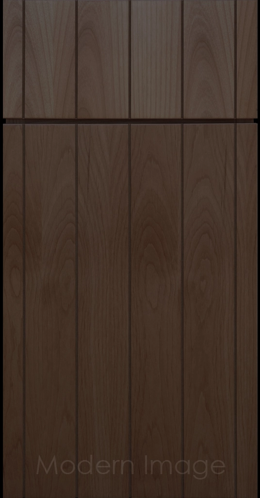 Front view of a Brooklyn style Grooved Flat Panel Cabinet Door and Drawer finished in Driftwood Stain.
